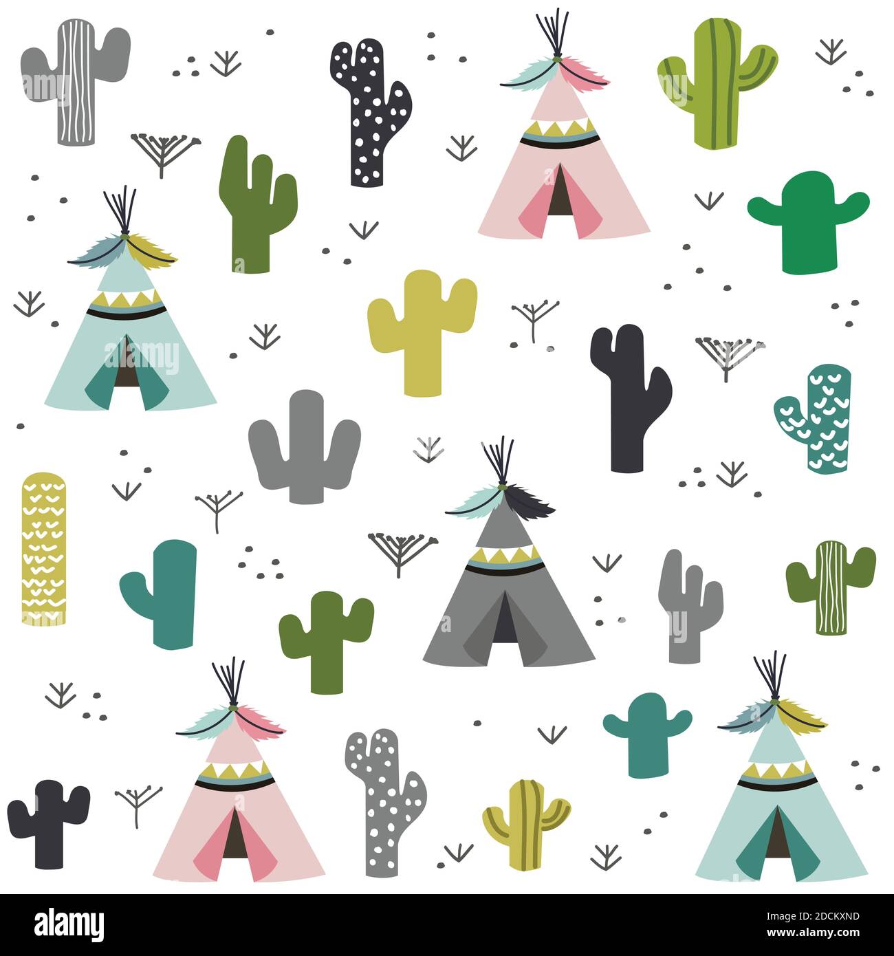 Hand drawn tent and cactus pattern Stock Vector