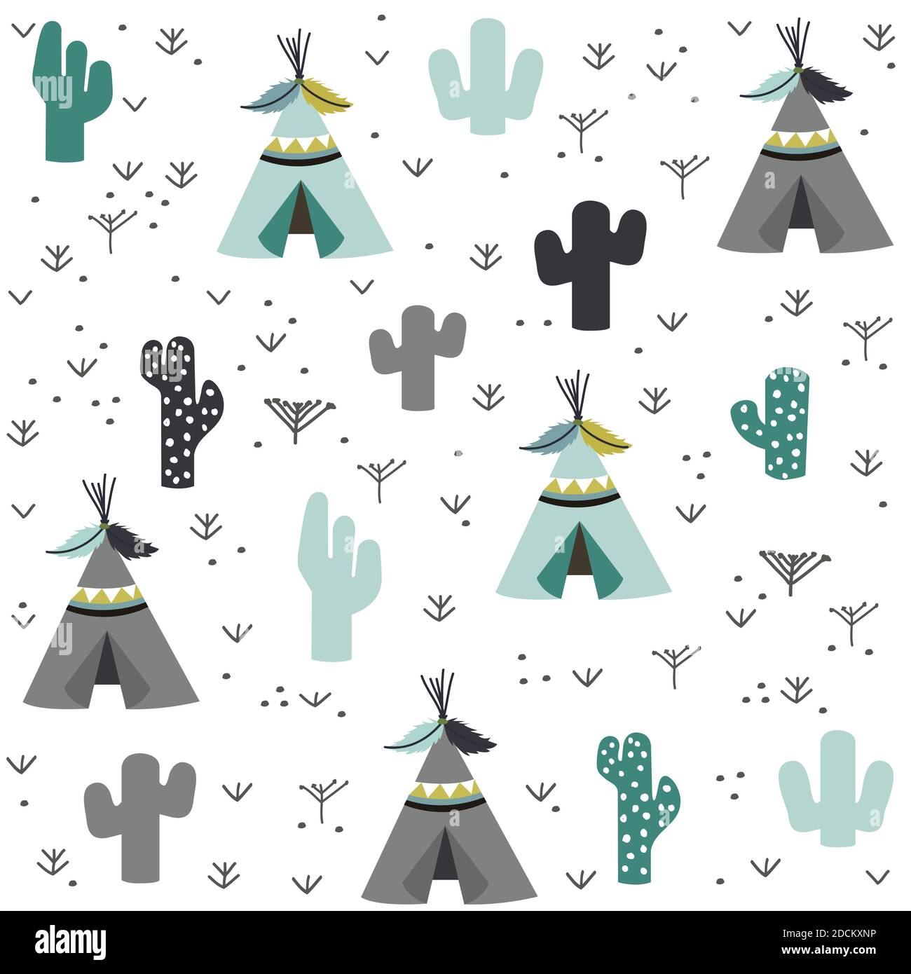 Hand drawn tent and cactus pattern Stock Vector