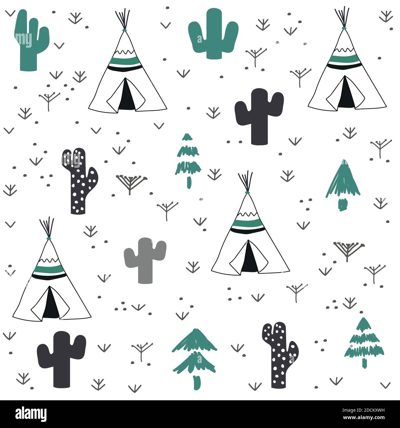 Hand drawn tent and cactus pattern Stock Vector