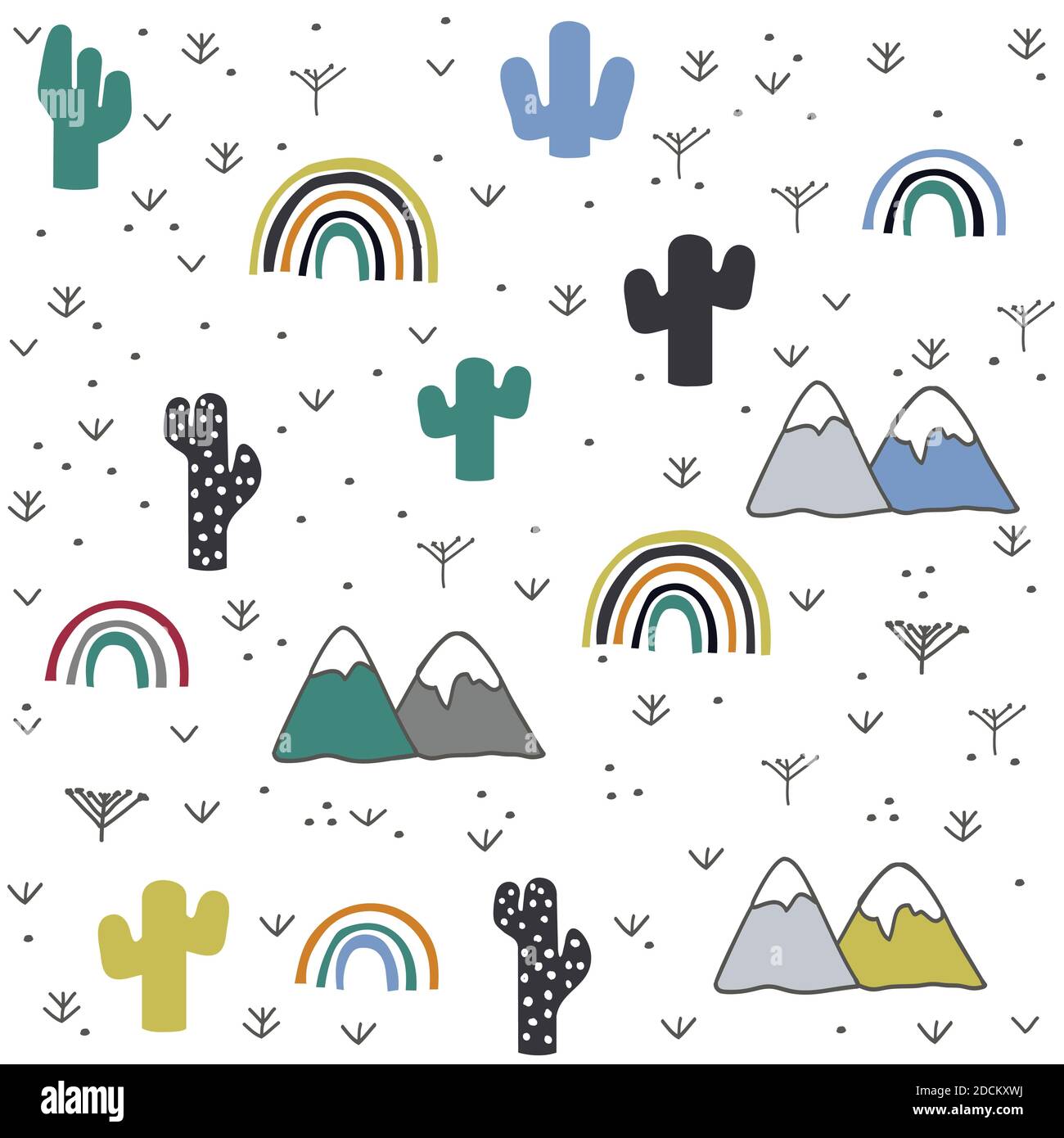 Hand drawn, cactus, mountain, rainbow pattern Stock Vector