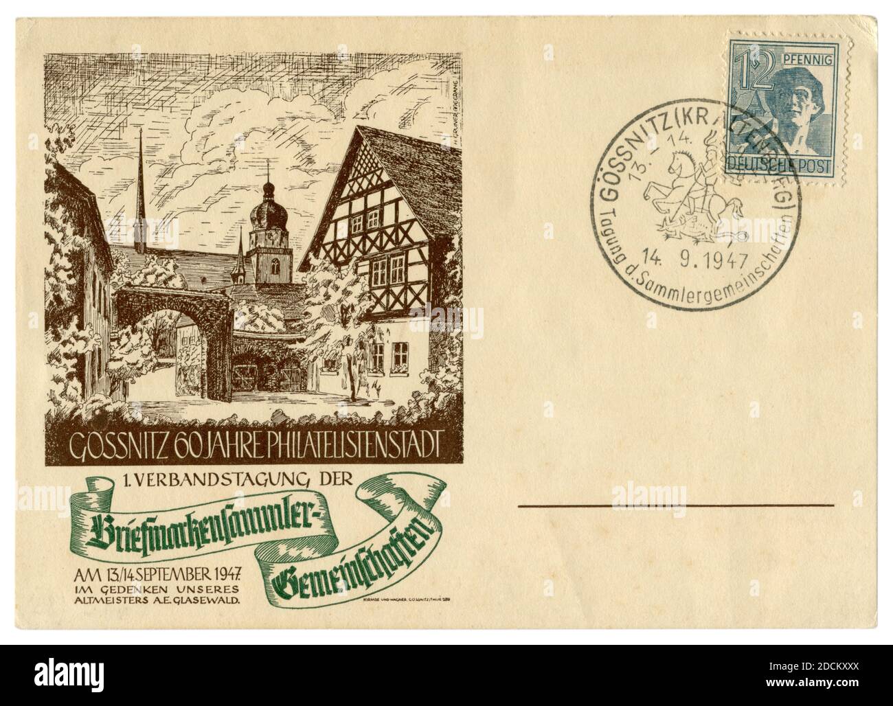 Gößnitz, Thuringia, GERMANY — 14 September 1947: Gössnitz 60 years of the philatelists of the city, 1 Association meeting of the stamp collectors Stock Photo