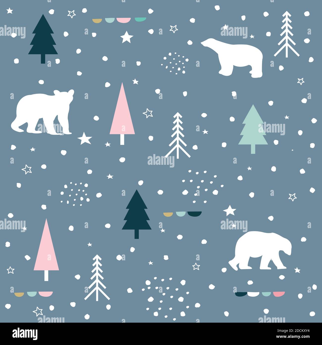 Polar bear, mountain and forest seamless pattern background. Winter pattern. Stock Vector
