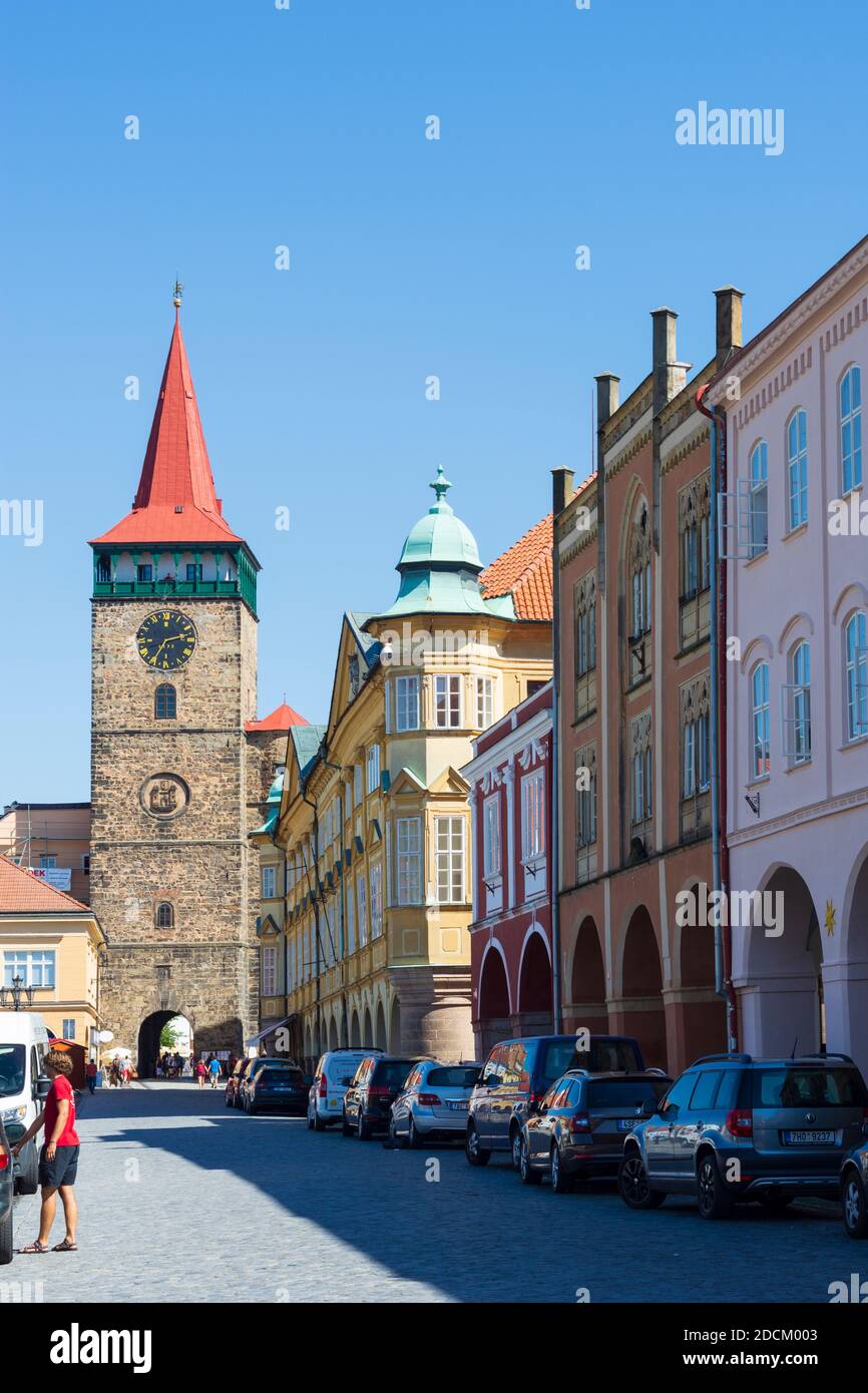Jicin (Jitschin): main square Wallenstein Square with the Valdice Gate in , Kralovehradecky, Hradec Kralove Region, Königgrätzer Region, Czech Stock Photo