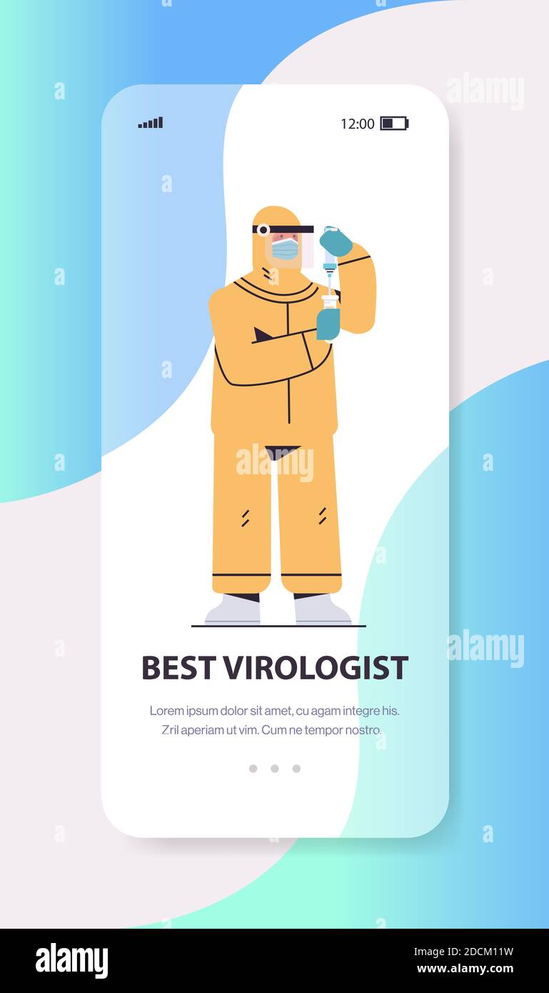 scientist developing new vaccine in lab researcher in protective suit holding syringe injection vaccine development best virologist concept smartphone screen vertical full length vector illustration Stock Vector