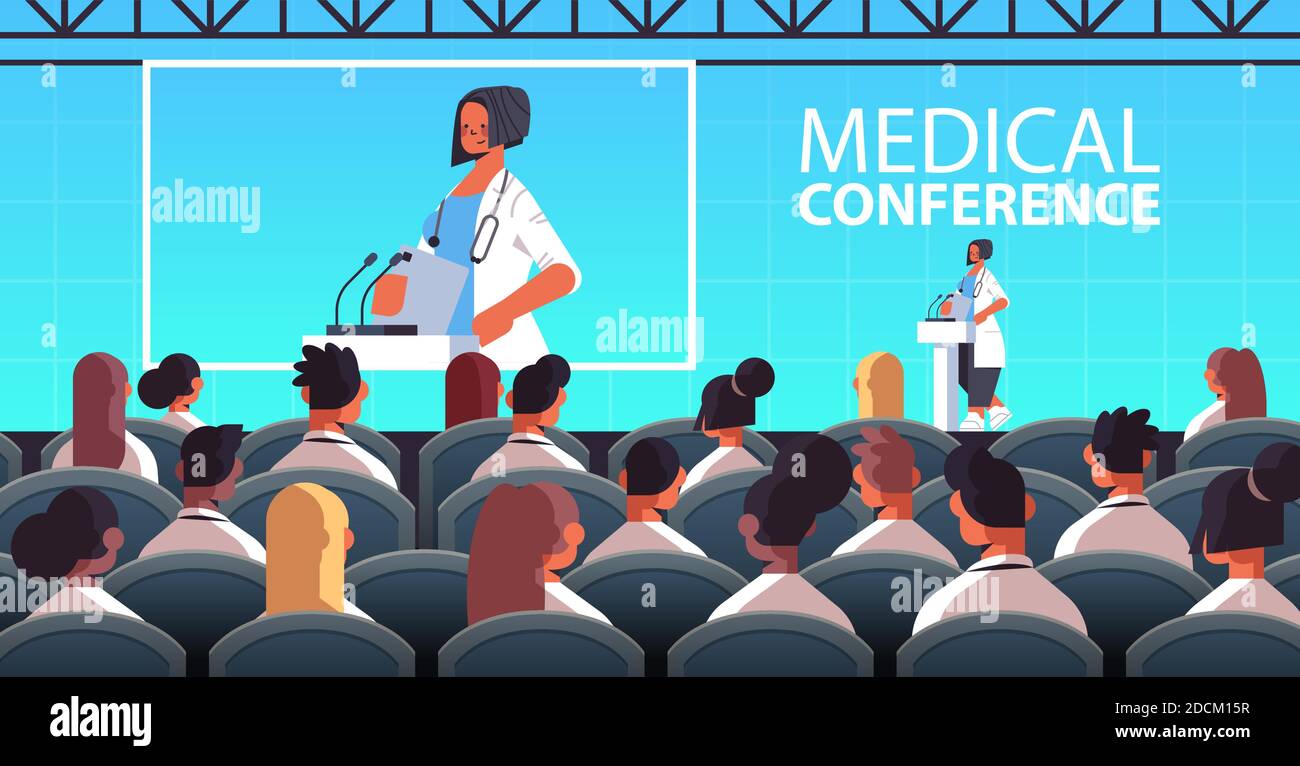 female doctor giving speech at tribune with microphone medical