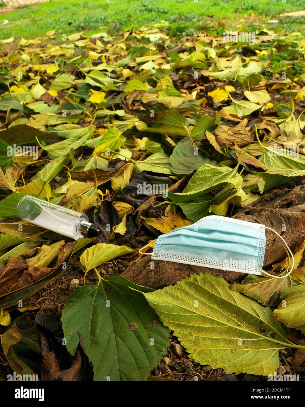 Mask and hydro-alcoholic gel thrown in nature in the middle of autumn leaves Stock Photo