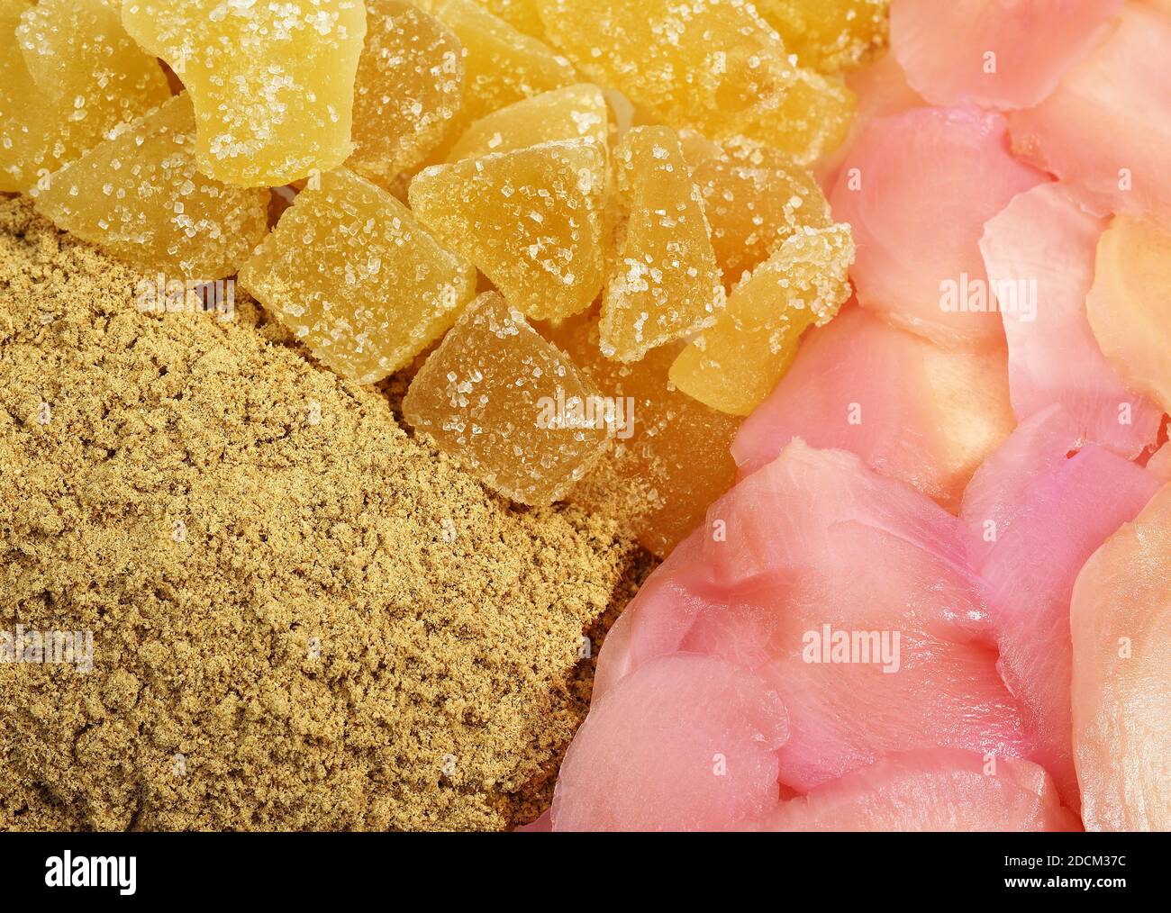 GINGER zingiber officinale, POWDER, MARINATED AND CRYSTALLIZED Stock Photo