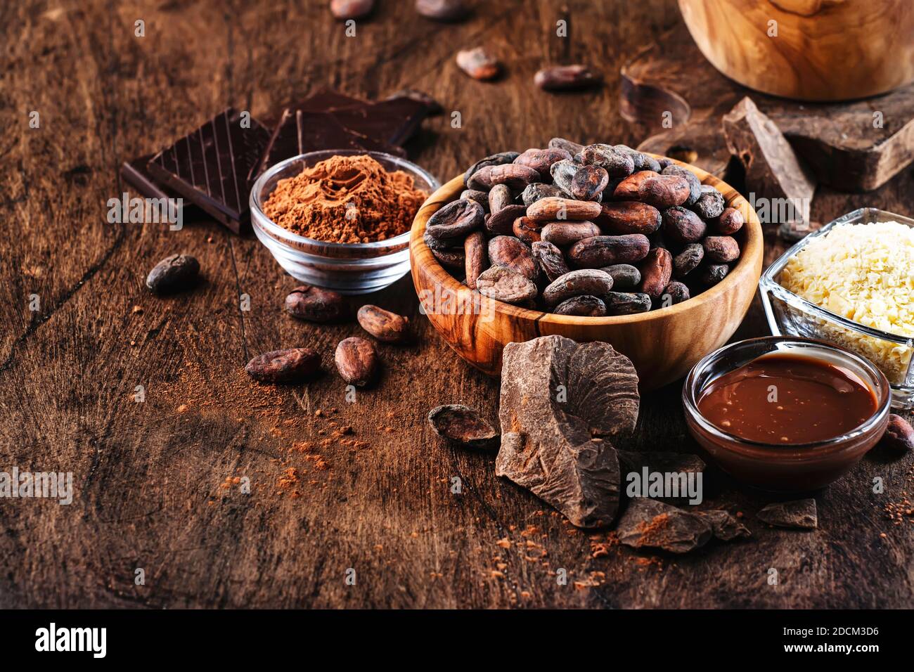 Various organic cocoa products. Cocoa beans, cocoa powder, cocoa butter
