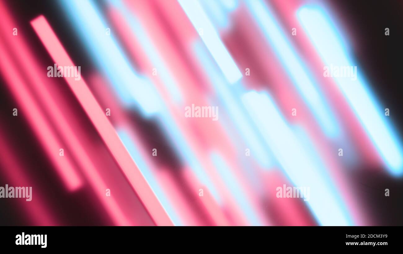 Abstract colorful background. Diagonal oriented red and cyan light bars. Defocused light lines. Stock Photo