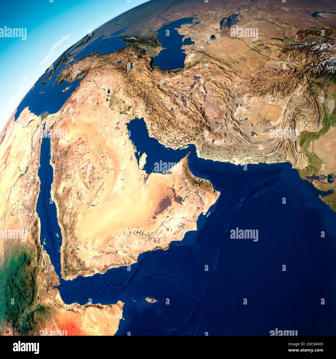 Map of the Arabian Peninsula, Middle East, map with relief and mountains. Yemen, Oman, Saudi Arabia, United Arab Emirates, Iran Stock Photo