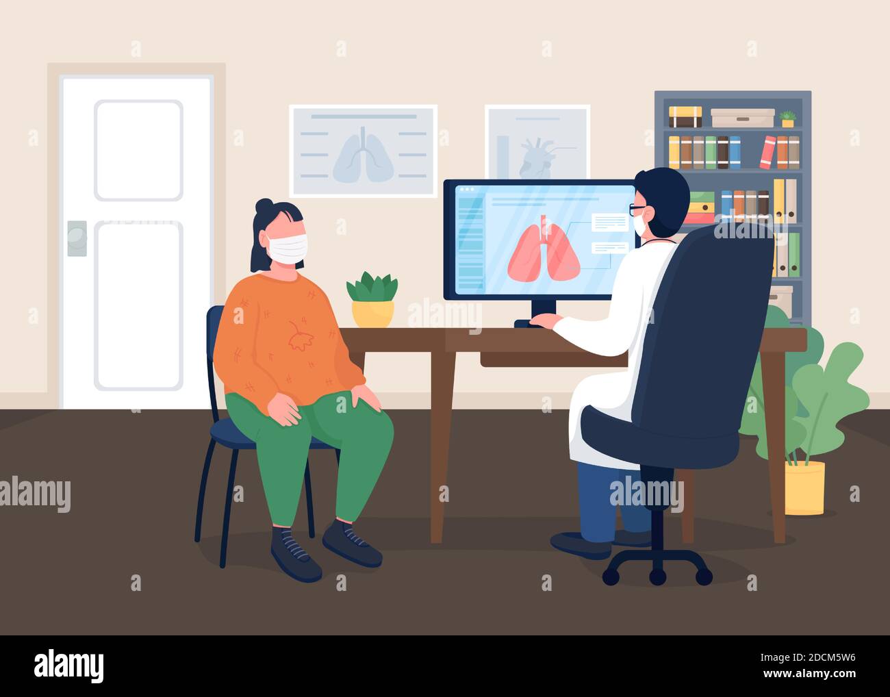 Doctor and patient in masks flat color vector illustration Stock Vector