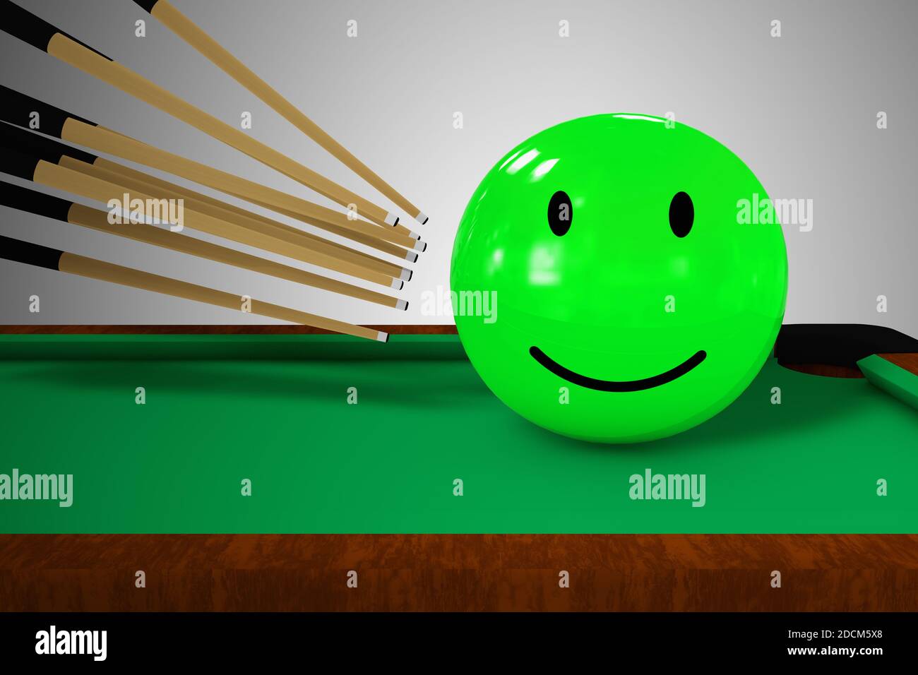 Many cue sticks aiming to hitting a green smiling emoticon happy on a