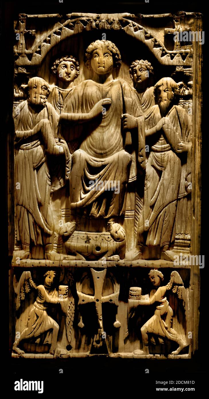 A panel of an ivory diptych made in Constantinople at the beginning of the 6th century, with Christ enthroned between the Apostles Peter and Paul. Musée de Cluny France French Stock Photo