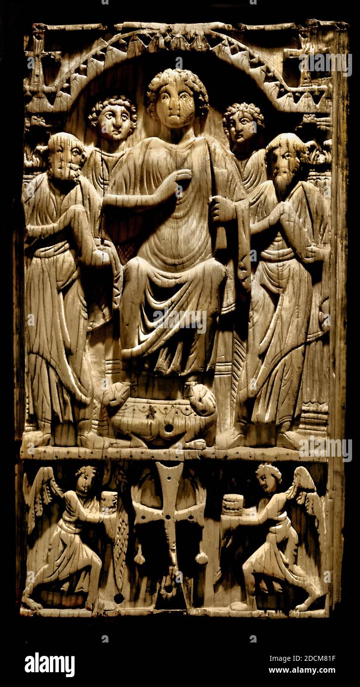A panel of an ivory diptych made in Constantinople at the beginning of the 6th century, with Christ enthroned between the Apostles Peter and Paul. Musée de Cluny France French Stock Photo