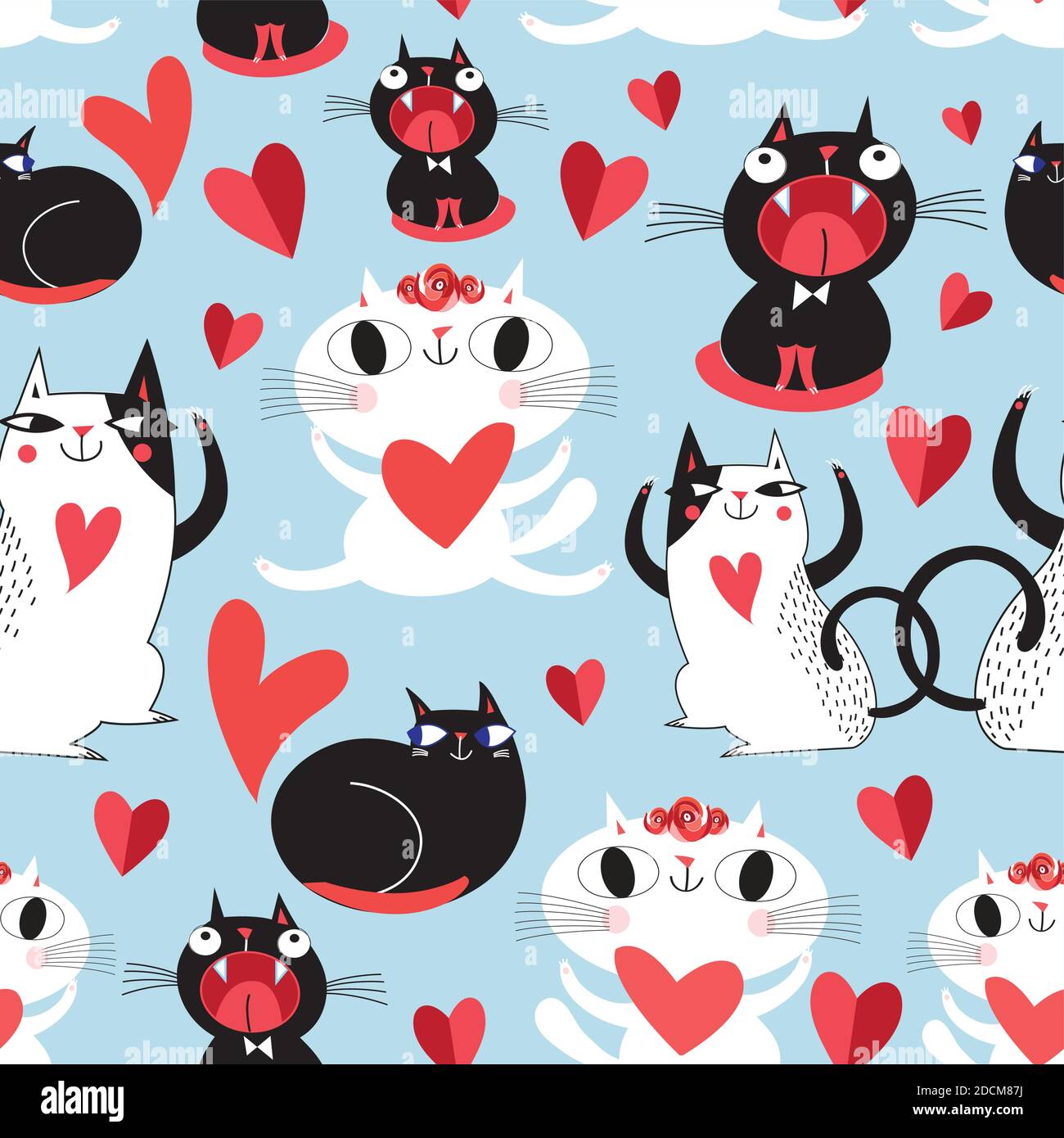 Funny seamless bright festive pattern of lovers of cats. Template for Wallpaper or fabric for Valentine's Day. Stock Vector