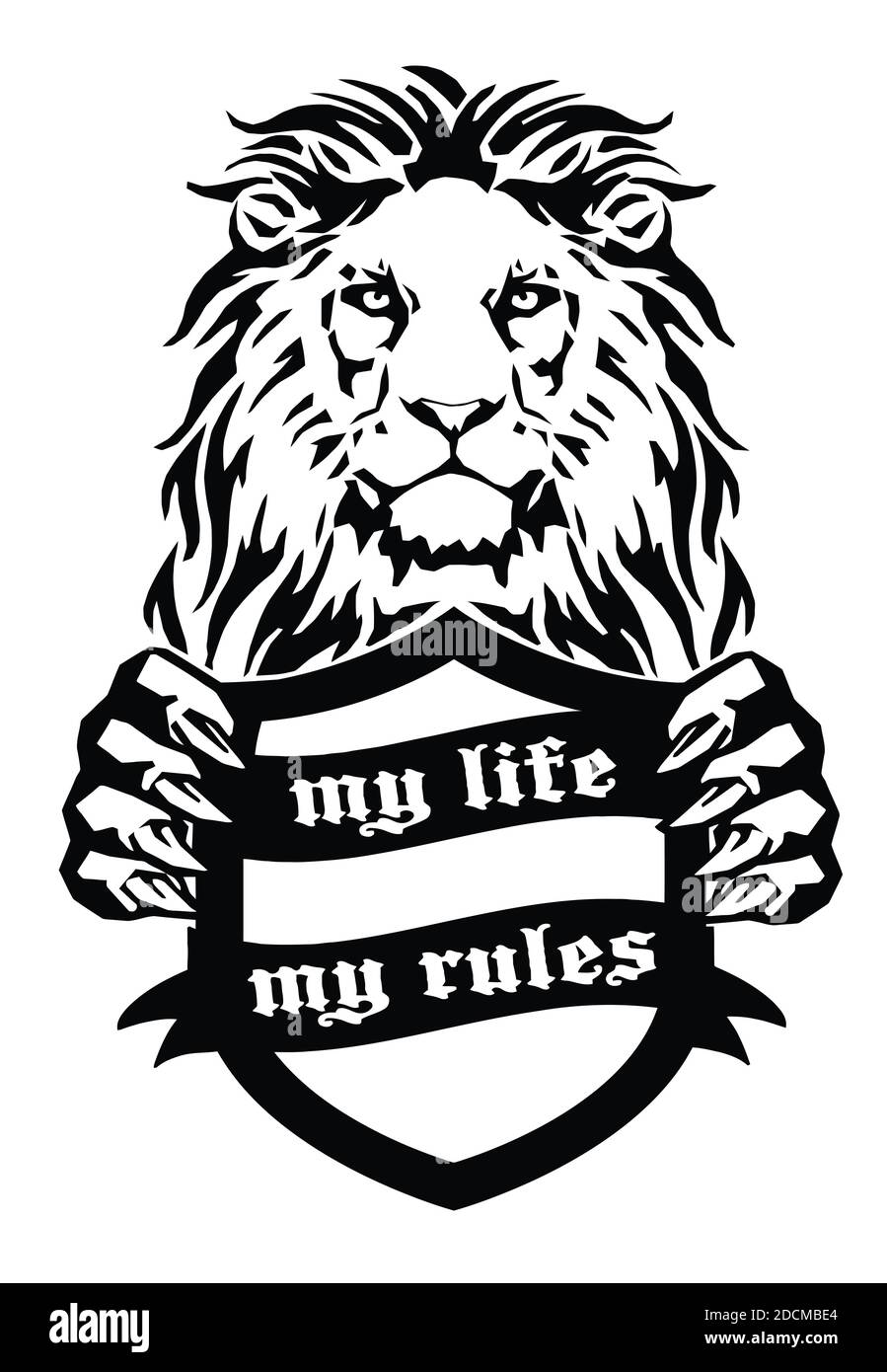 The Lion holds in its paws a shield with the inscription ' My life - my rules', drawing for tattoo, on a white background, vector Stock Vector