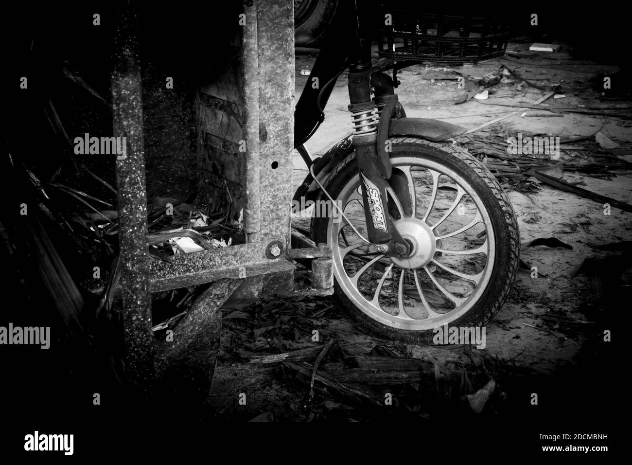 Old and broken motor bike in an abandoned building. Stock Photo