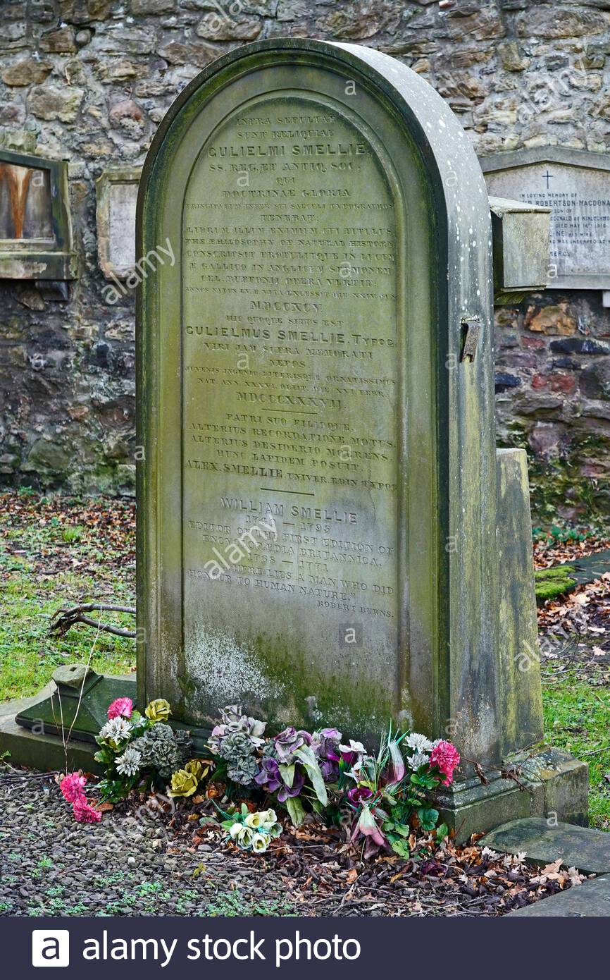 William Smellie,1740–1795, was a Scottish printer who edited the first edition of the Encyclopædia Britannica, grave in Greyfriars Kirkyard, Edinburgh Stock Photo