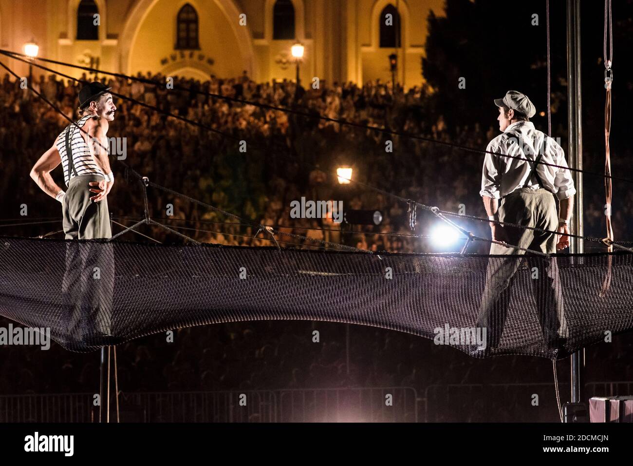 Lublin, Poland - July 26, 2014: Les Lendemains with trapezium air show Les Pepones at new circus and busking festival Carnaval Sztukmistrzow Stock Photo