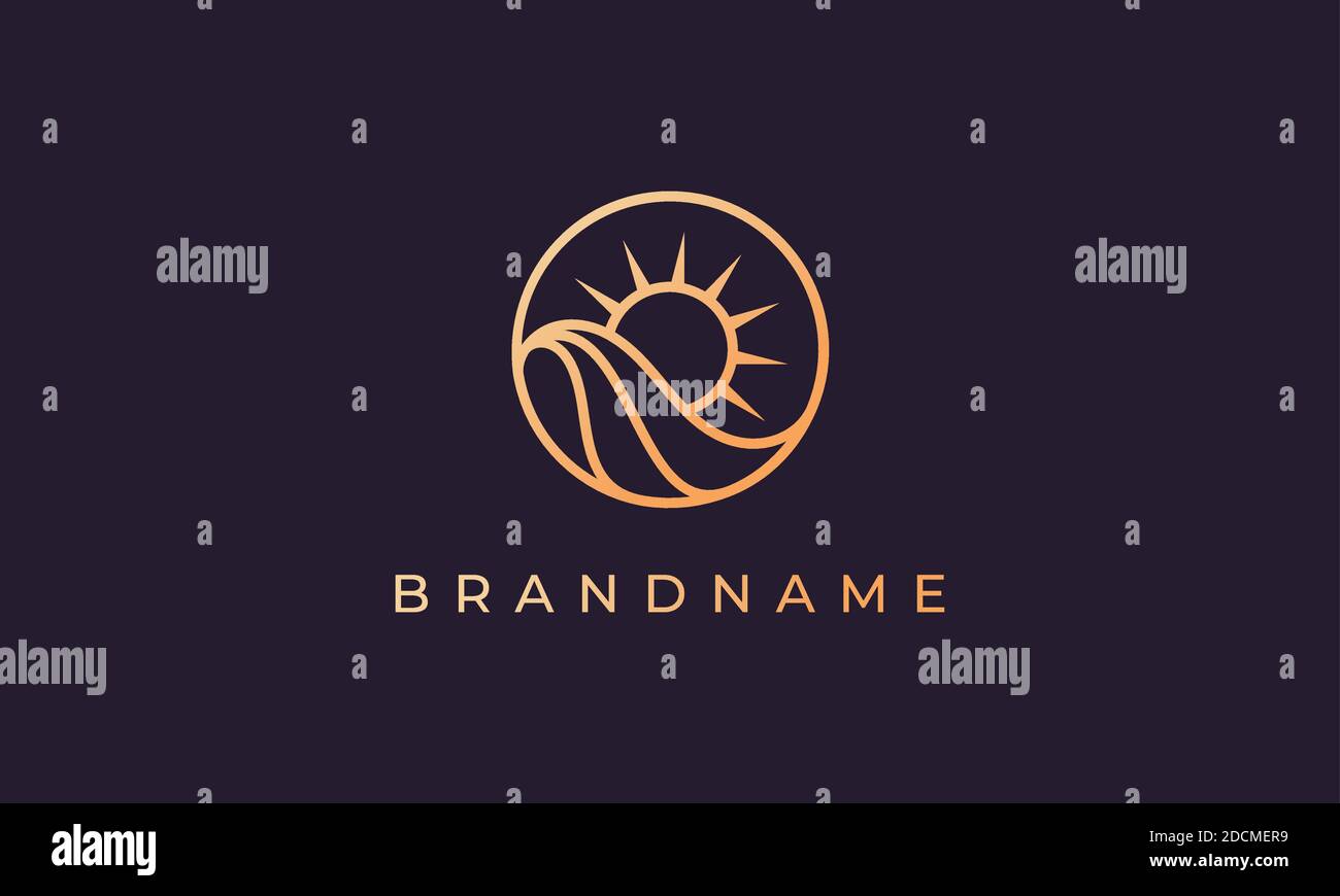 Ocean wave and sun in a circle with a gold line art style suitable for ...