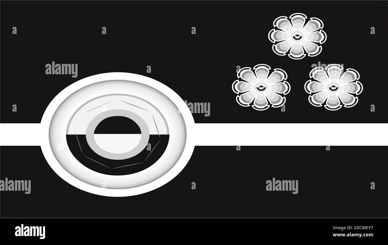 Picture of a black and white color abstract wallpaper, having round shape button and 3 flowers. Stock Photo