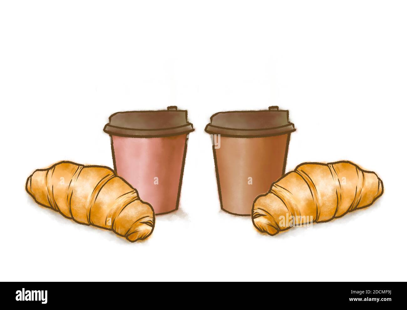 The digital painting of French croissant bread bakery and coffee paper cup raster illustration on white background. Stock Photo