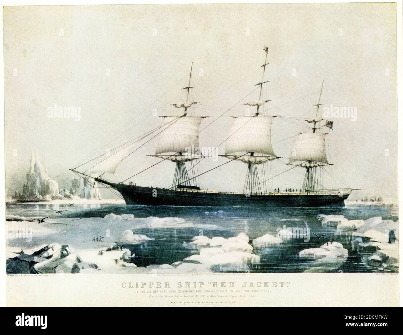 Clipper Ship 'Red Jacket' in the ice off Cape Horn on her passage from Australia to Liverpool August 1854 Drawn by J B Smith and Son Brooklyn L I on stone by C Parsons publisher N Currier 1855 Stock Photo