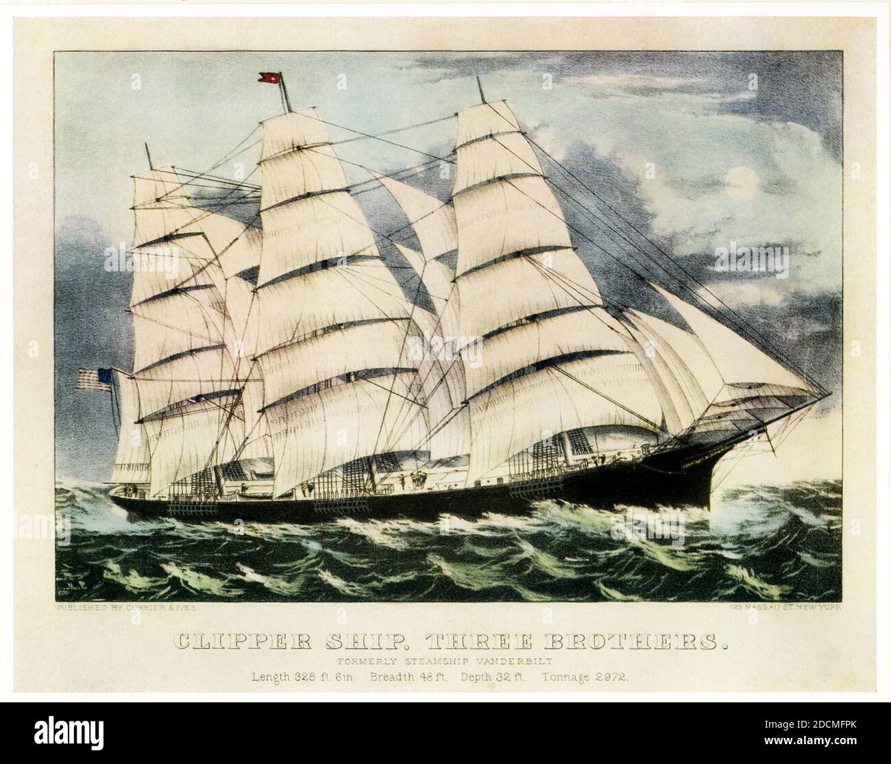 Clipper Ship 'Three brothers' formerly Steamship 'Vanderbilt' Currier and Ives Stock Photo