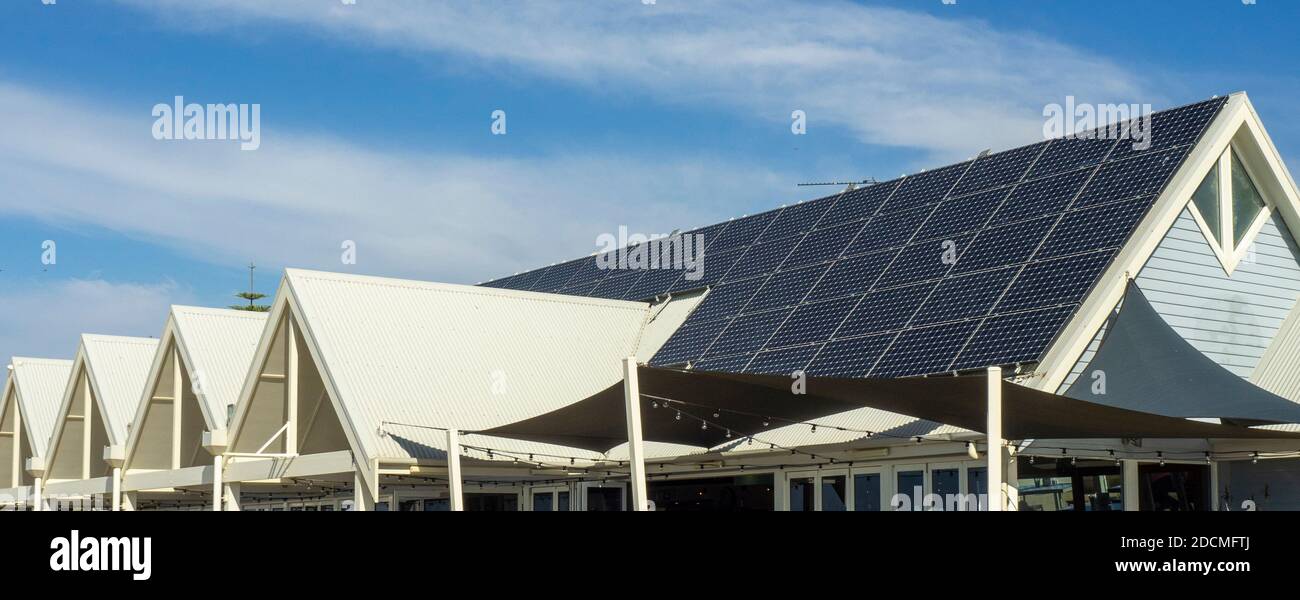 Restaurant Using Solar Panel Solar panels on roof of The Goose restaurant cafe on waterfront ...