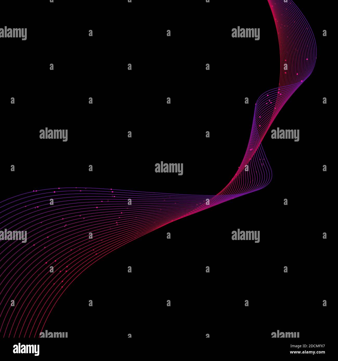 Abstract pink and purple wavy lines with particles dots on black ...