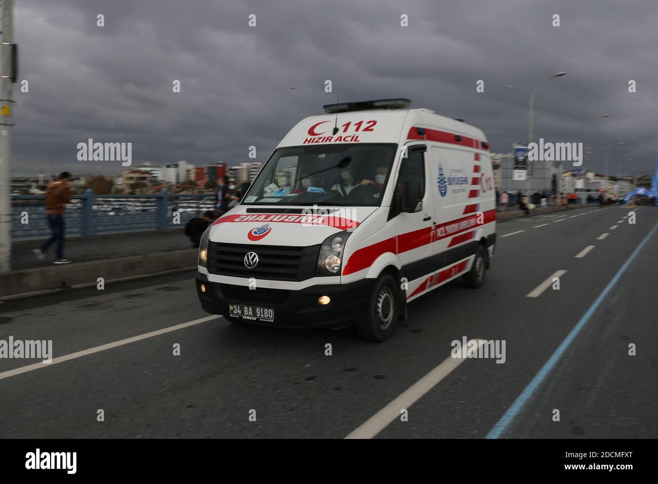 ISTANBUL, TURKEY - NOVEMBER 08, 2020: Istanbul Metropolitan Municipality Ambulance van on way with motion blur Stock Photo