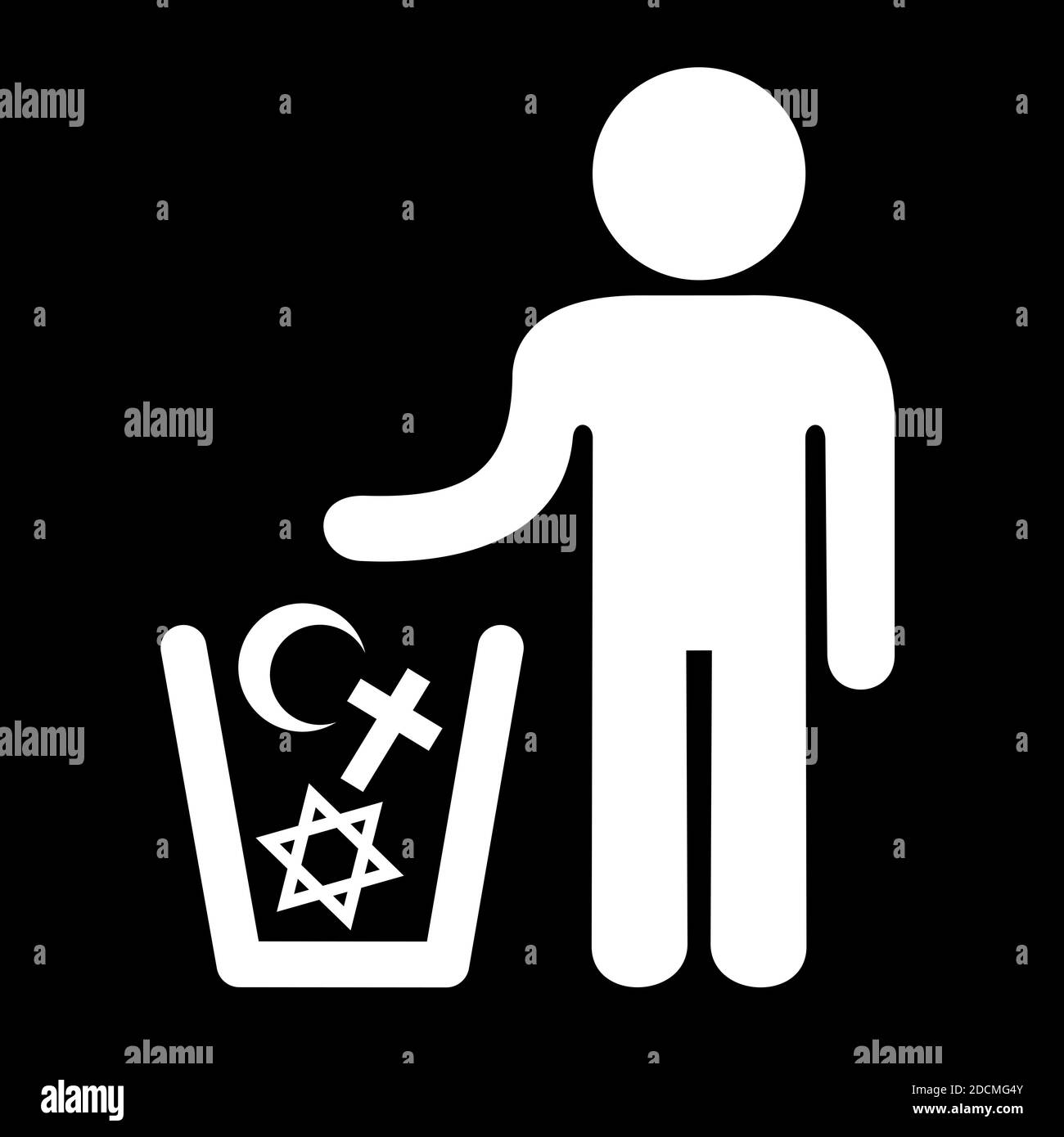 Atheism and denial of religious belief - vector illustration of man and waste container with symbols of religions as metaphor of decision to abandon r Stock Photo