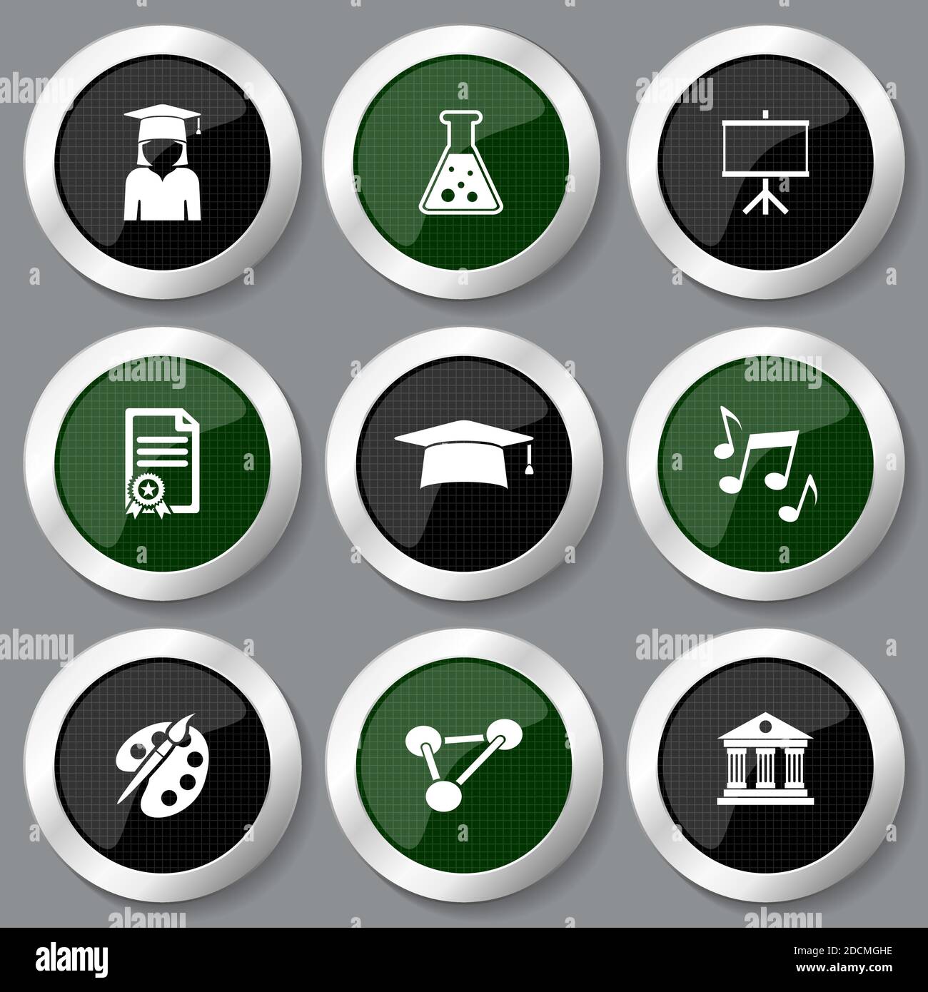 Education vector icons, set of science concept silver metallic glossy web round buttons Stock Vector