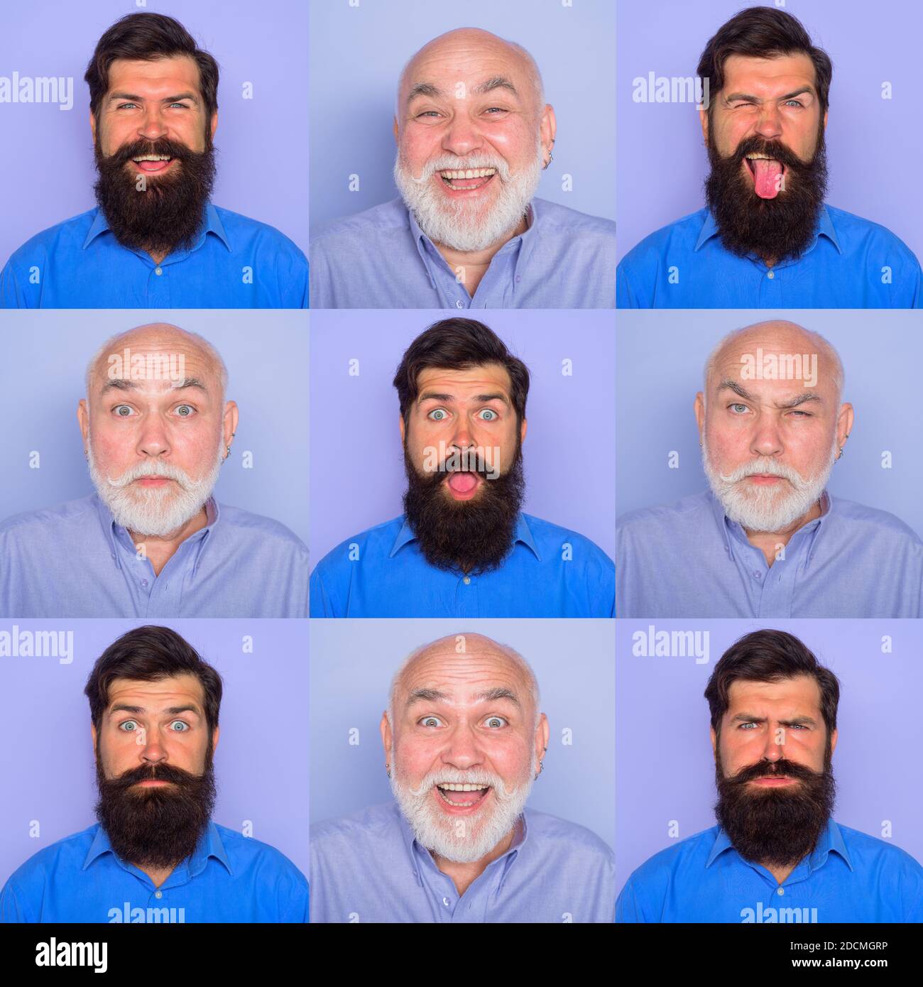 Different emotions. Collage of different emotions. Emoticon set. Emotion set of mans. Face expression. Set of human emotions. Funny faces Stock Photo