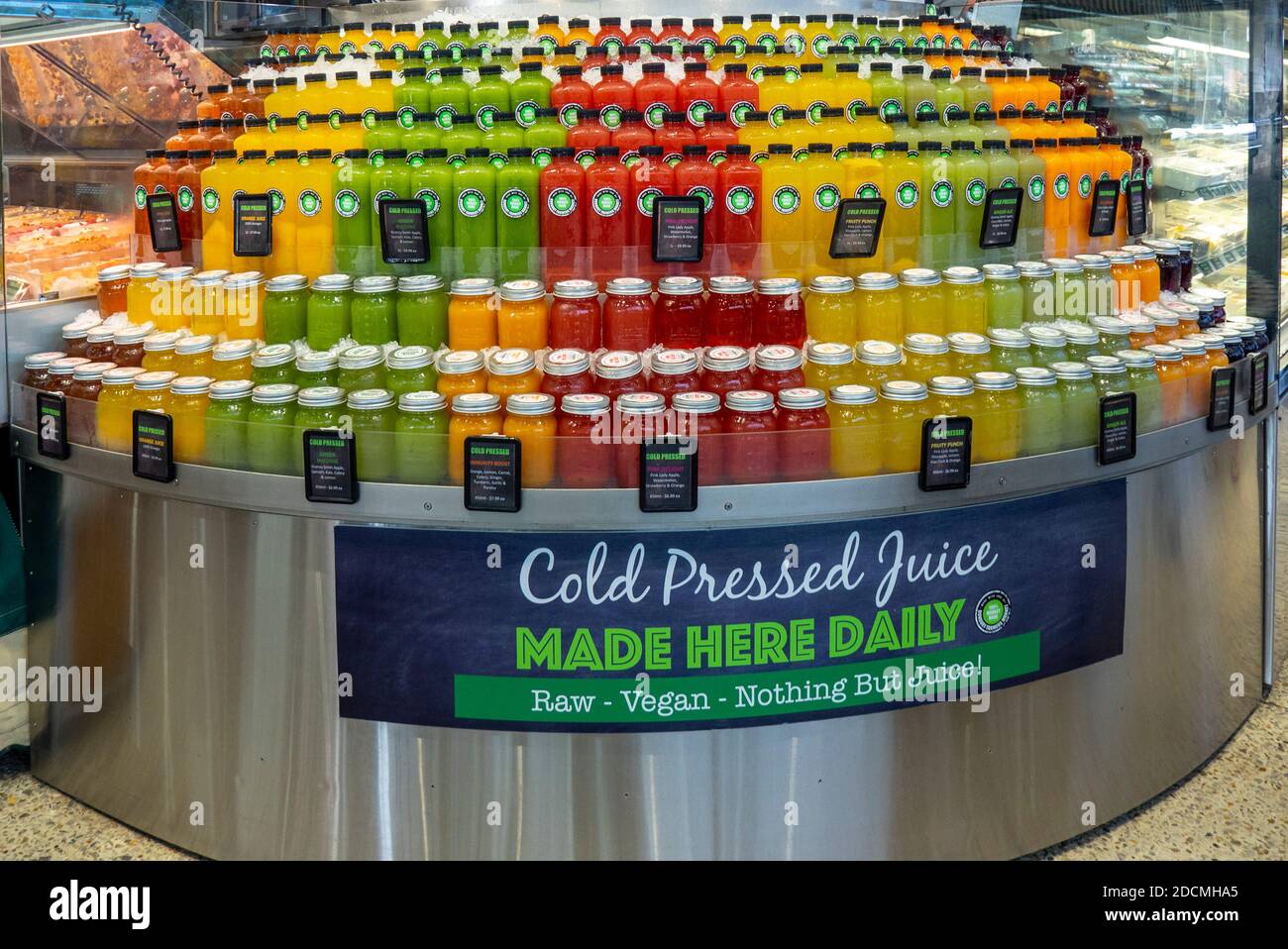 Variety of vegetable and fruit juice bottles on display at Bunbury