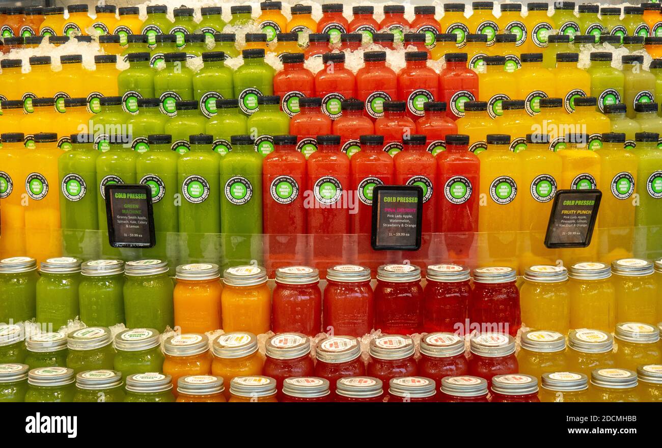 Variety of vegetable and fruit juice bottles on display at Bunbury