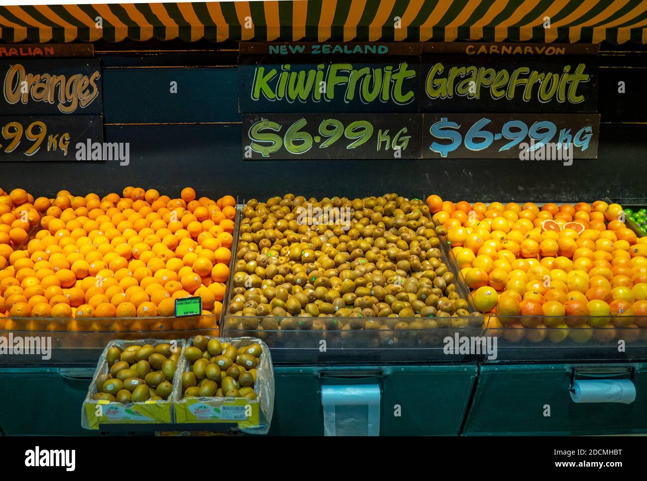Display of oranges kiwi fruit and grapefruit at Bunbury Growers Market