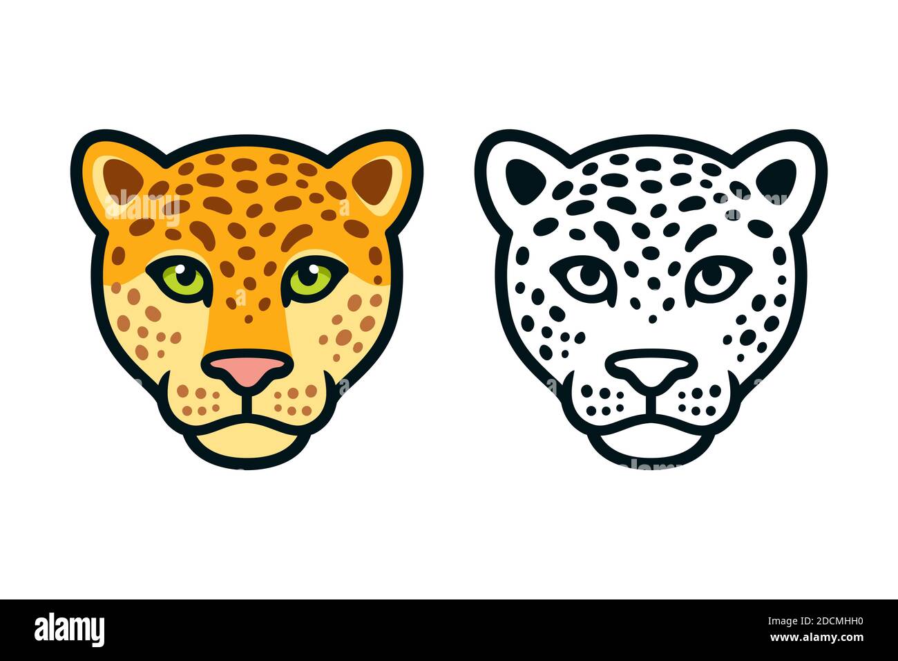 Cartoon jaguar or leopard head, color and black and white. Wild big cat face symbol, mascot or logo design. Isolated vector illustration. Stock Vector