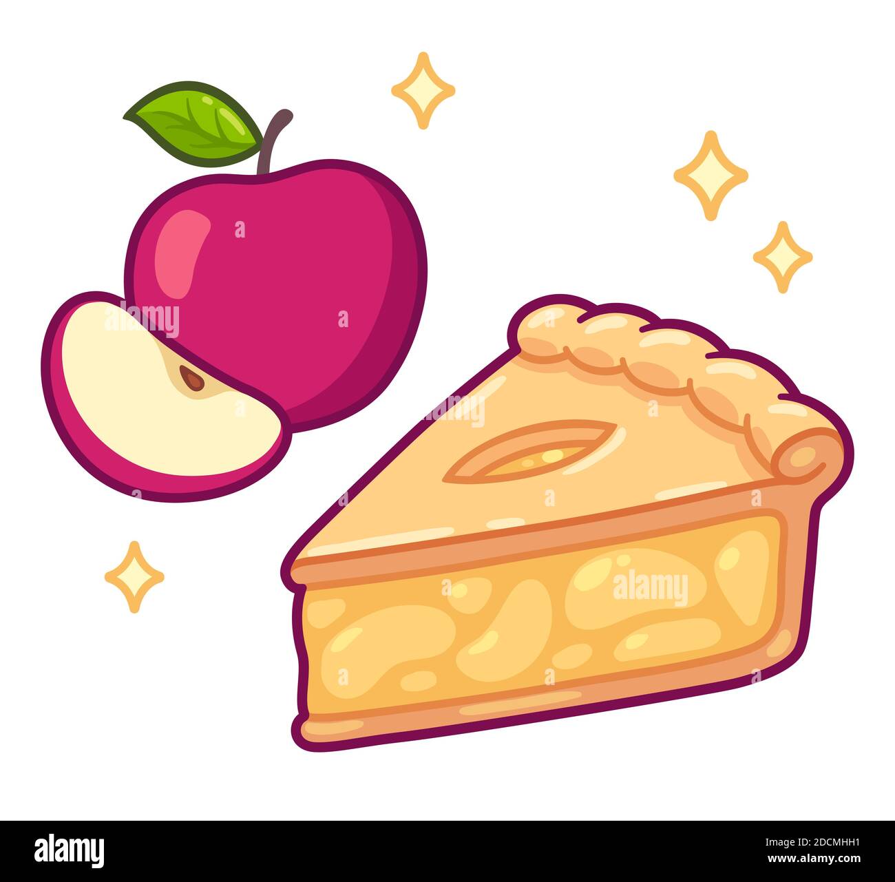 Cute cartoon apple pie drawing. Simple hand drawn pie slice with red apples. Isolated vector clip art illustration. Stock Vector