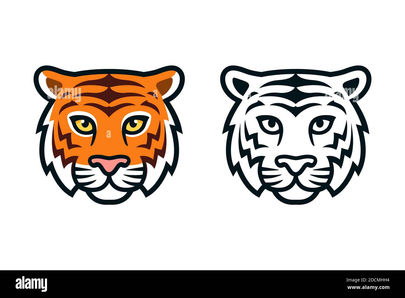 Cartoon tiger head, color and black and white. Mascot face front view, logo  design element. Isolated vector clip art illustration Stock Vector Image &  Art - Alamy