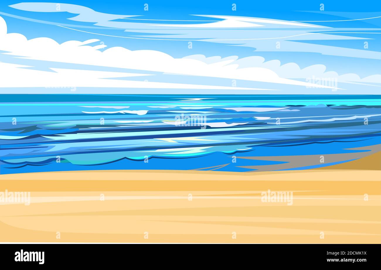 Seaside. Tidal bore. Yellow coastal sand. Foamy waves of the sea. Skyline with clouds and blue sky. Flat style. Water landscape. Stock Vector