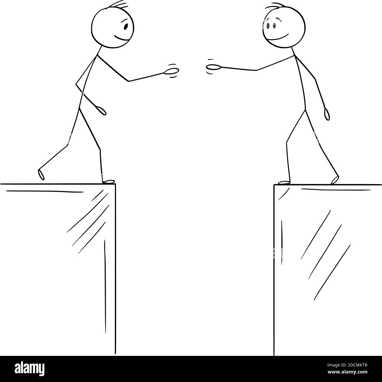 Vector cartoon stick figure illustration of two men or businessmen or Politicians going to shake hands when divided by chasm or gulf. Concept of agreement, deal or cooperation. Stock Vector