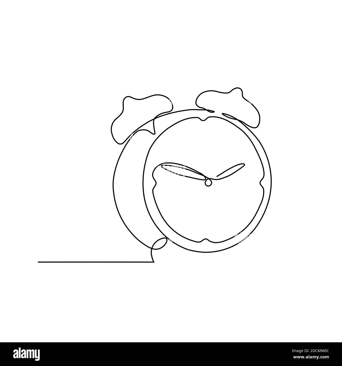 The alarm clock is drawn by one line on a white background. Single line ...