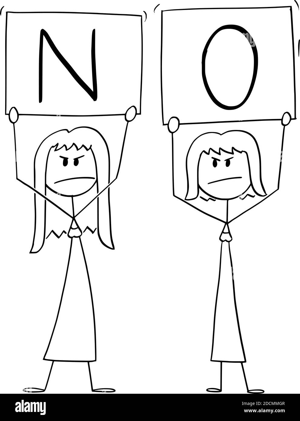 Vector cartoon stick figure illustration of two angry women holding no signs. Stock Vector