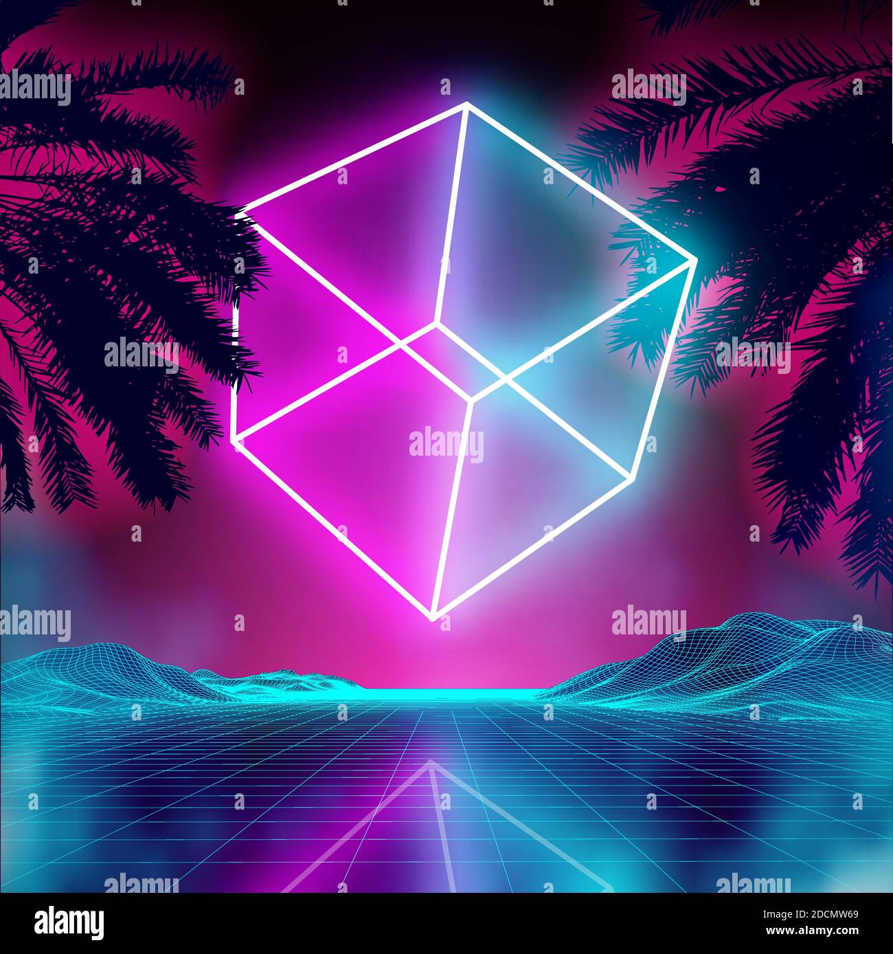 Neon 3d cube on retro background landscape. Glowing cube cosmos poster. Neon light box cube light. Future purple 80s sci-fi poster. Stock Vector