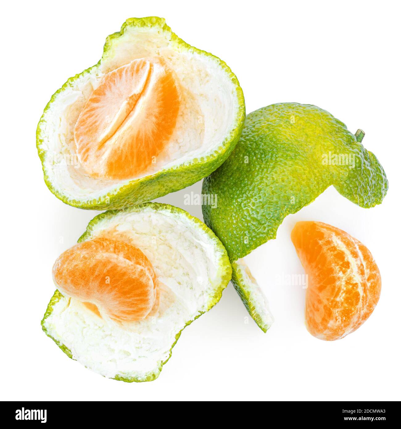 Tangerine fruit  (clementine, mandarines) slices with peel   isolated on white background. Top view. Flat lay Stock Photo