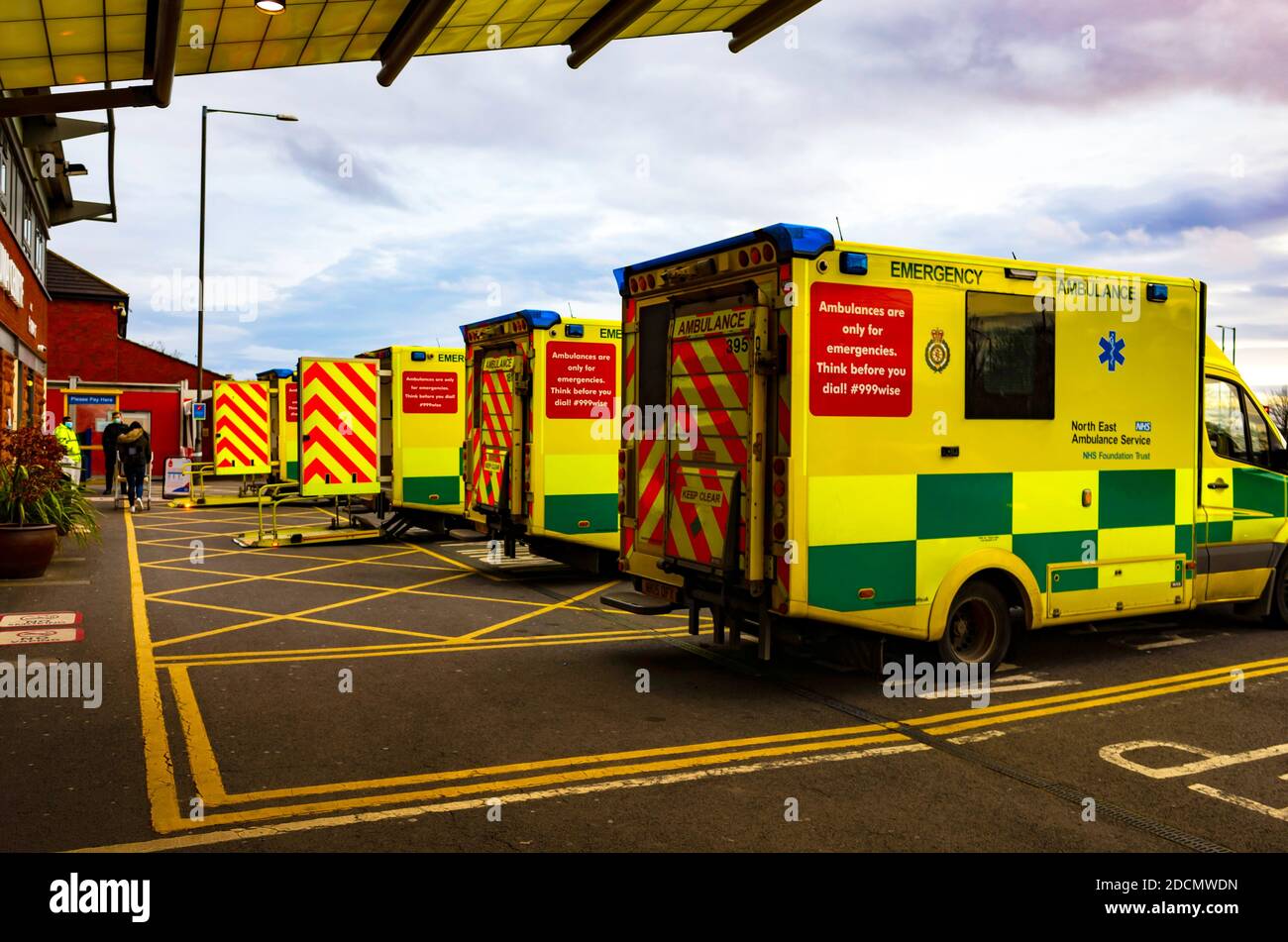 NHS Ambulances outside the Regional Major Trauma Centre or Accident and Emergency at Jame's Cook University Hospital Middlesbrough Stock Photo