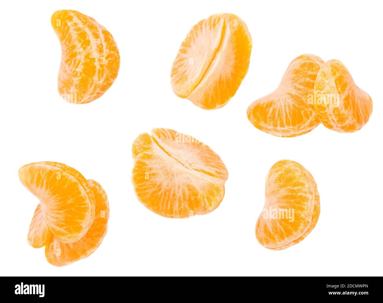 Fresh Mandarines, tangerine, clementine slices  isolated on white background. Pattern. Top view. Flat lay Stock Photo