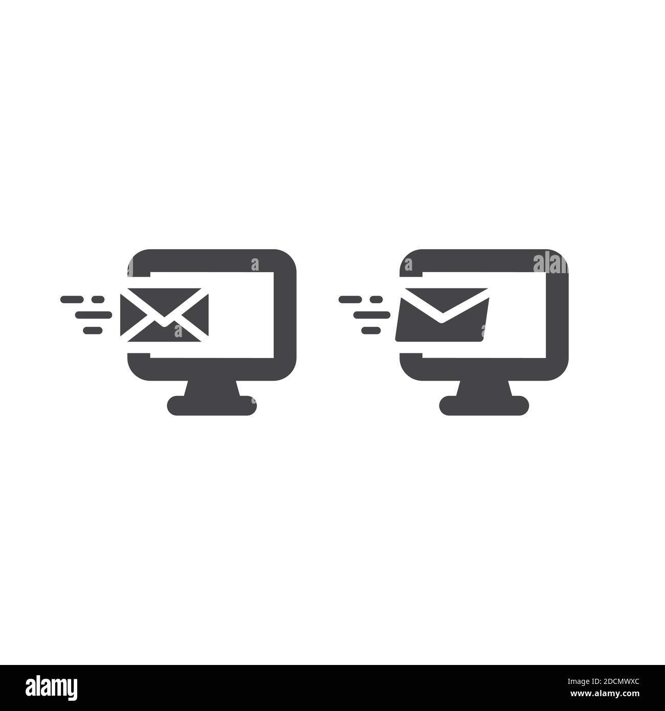 Computer monitor or screen with letter, envelope icon. Email or mail and message black vector symbol. Stock Vector
