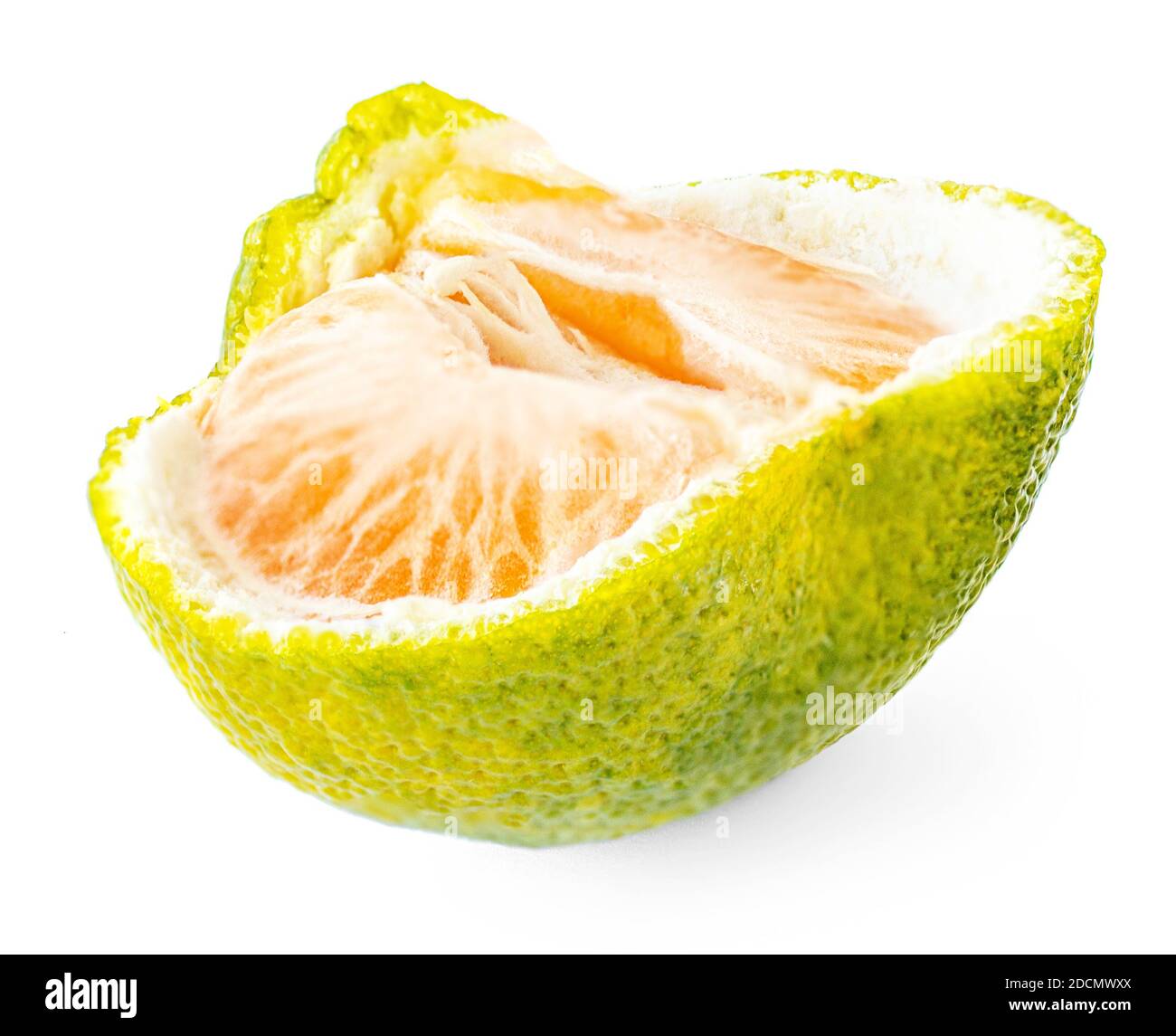 Tangerine or clementine fruit  slice with citrus peel  isolated on white background Stock Photo